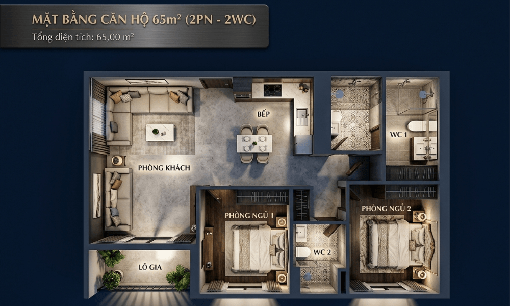 Mặt bằng chi tiết Căn hộ Bcons Central Park 2 phòng ngủ