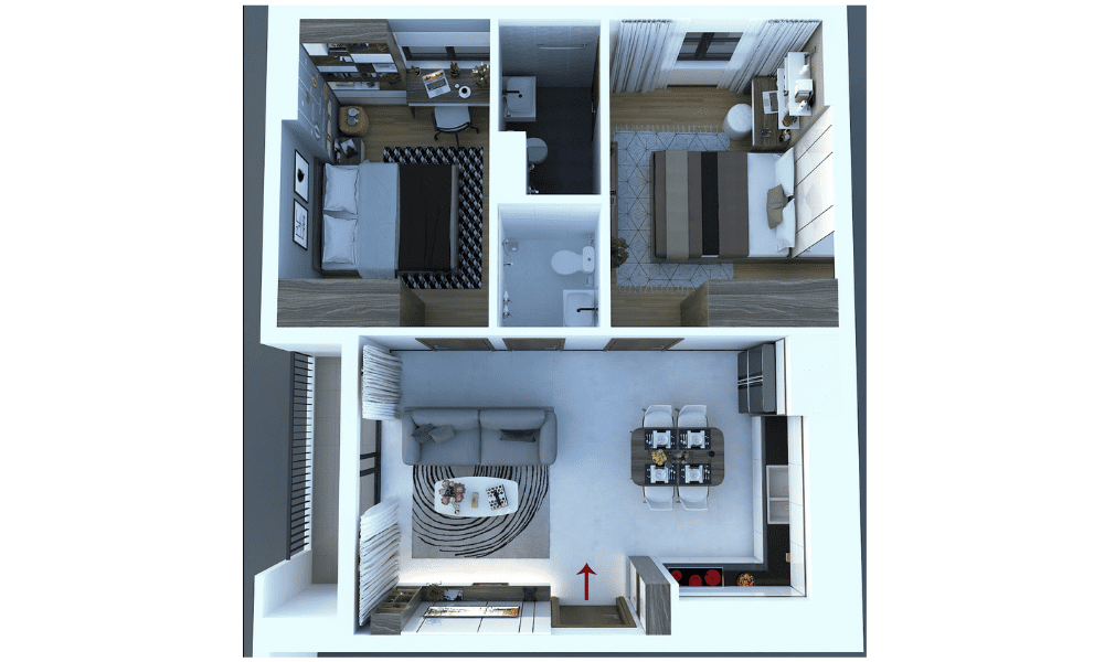 Layout tổng thể căn hộ 2 phòng ngủ