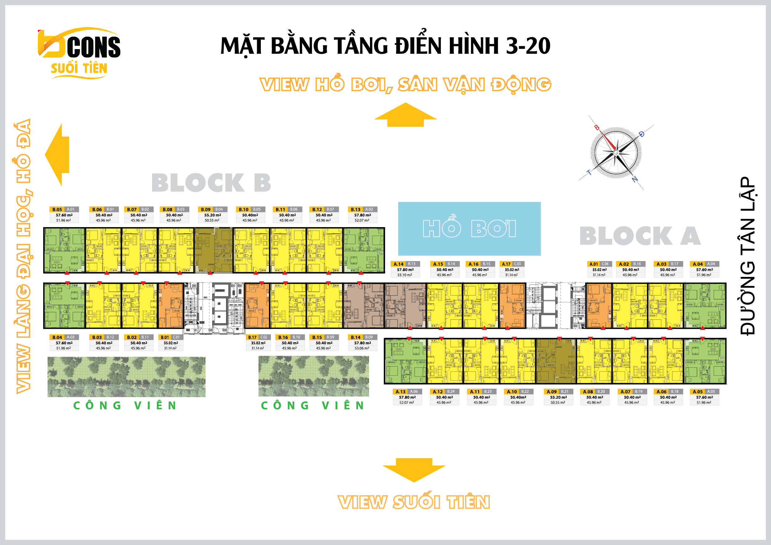 Mặt bằng tầng 3-20 dự án Bcons Suối Tiên