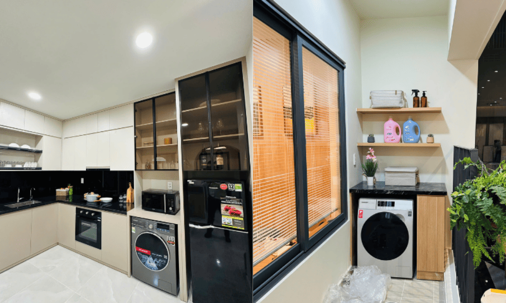 Phòng bếp và ban công nhà mẫu kết nối trực tiếp với phòng khách
