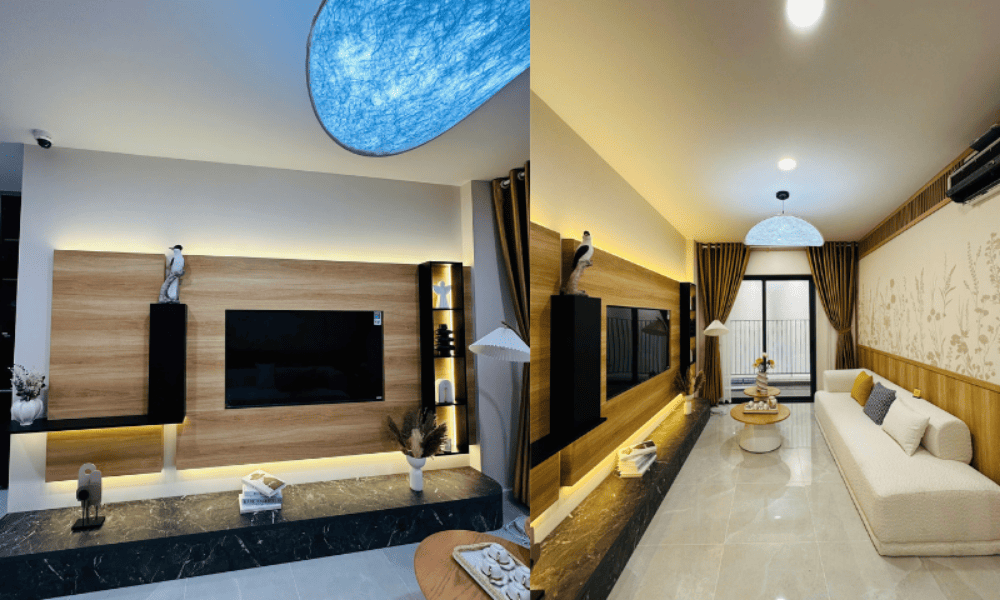 Thiết kế phòng khách nhà mẫu thoáng đãng, tối ưu không gian