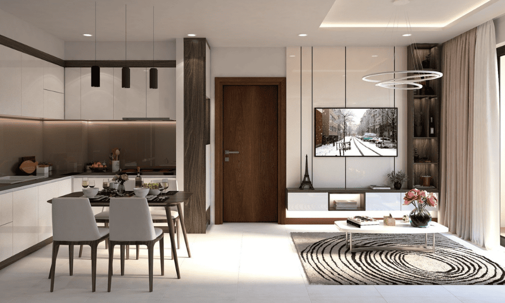 Thiết kế phòng khách thông thoáng liền kề với khu bếp