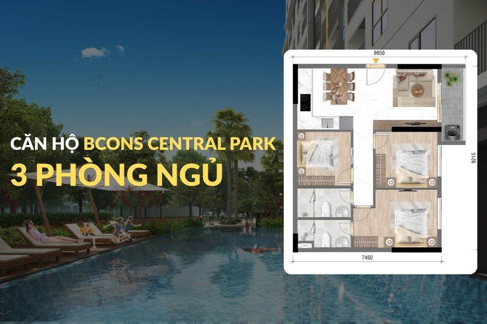 Bảng Giá & Thiết Kế Căn Hộ Bcons Central Park 3 Phòng Ngủ